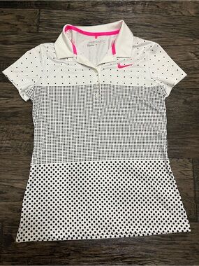 Nike White Polo with Hot Pink Trim and Gray Polka Dots